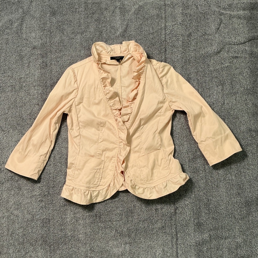 Talbots Petites Ruffle Front Blazer Jacket Peach Pink 6P Cotton Blend 3/4 Sleeve